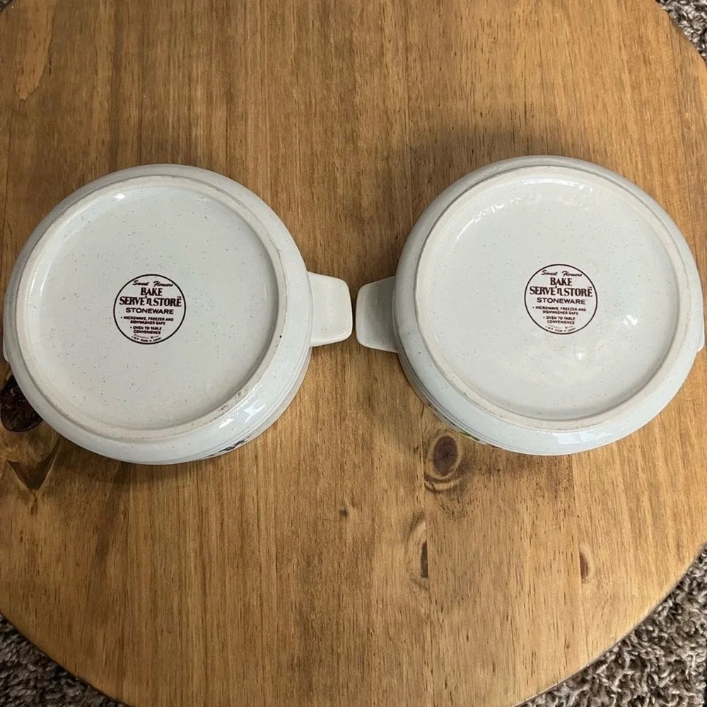 Vintage Set of‎ Sweet Flowers Serve 'N Store Stoneware Casserole Dishes w/Lid